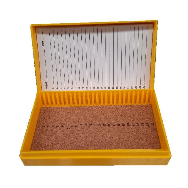 Caja amarilla PP para 25 portaobjetos