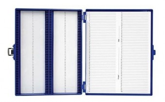 Caja de plastico azul para 100 Portaobjetos  Heathrow